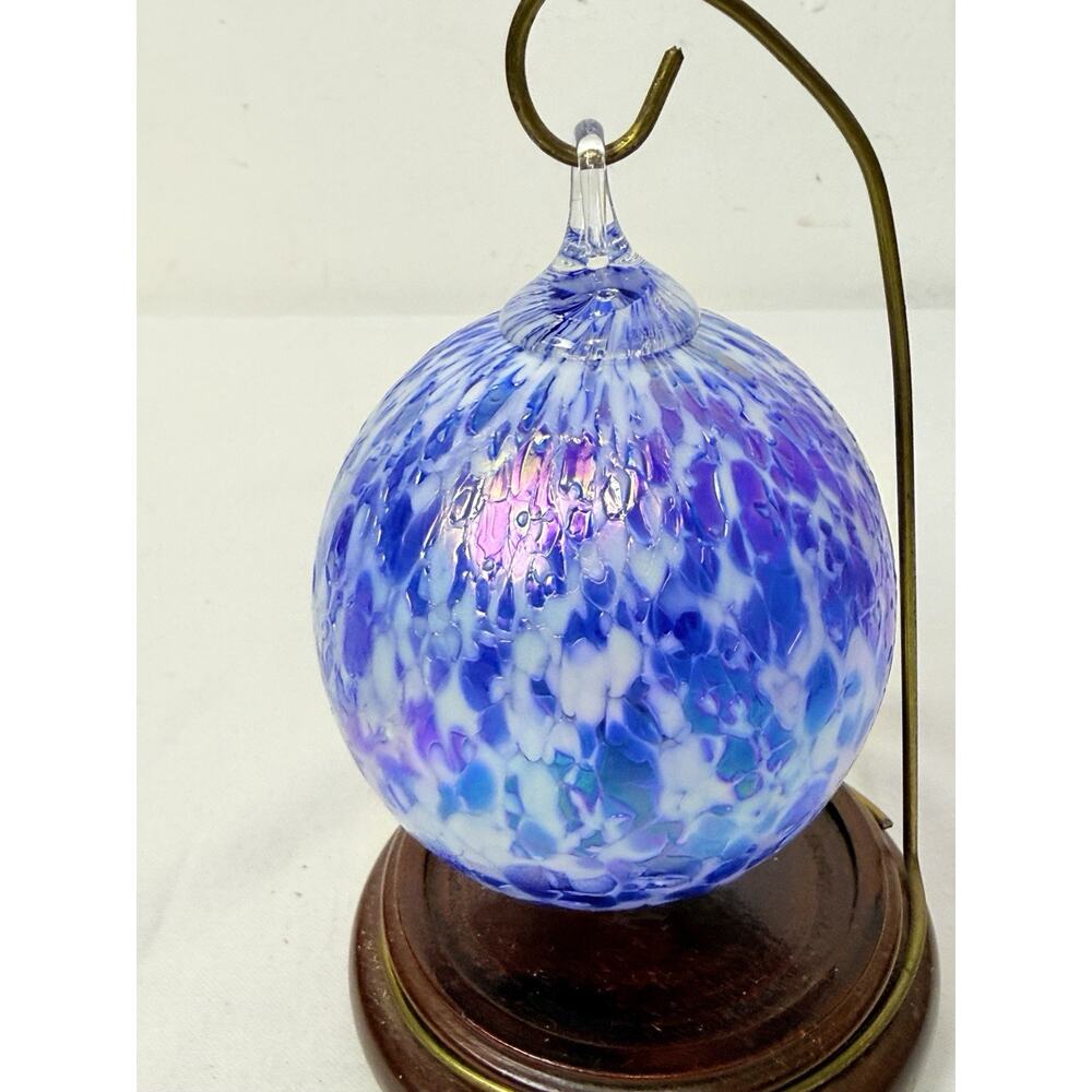 Hand Blown Iridescent Blue And White Speckled Glass Ornament - Picture 4 of 6